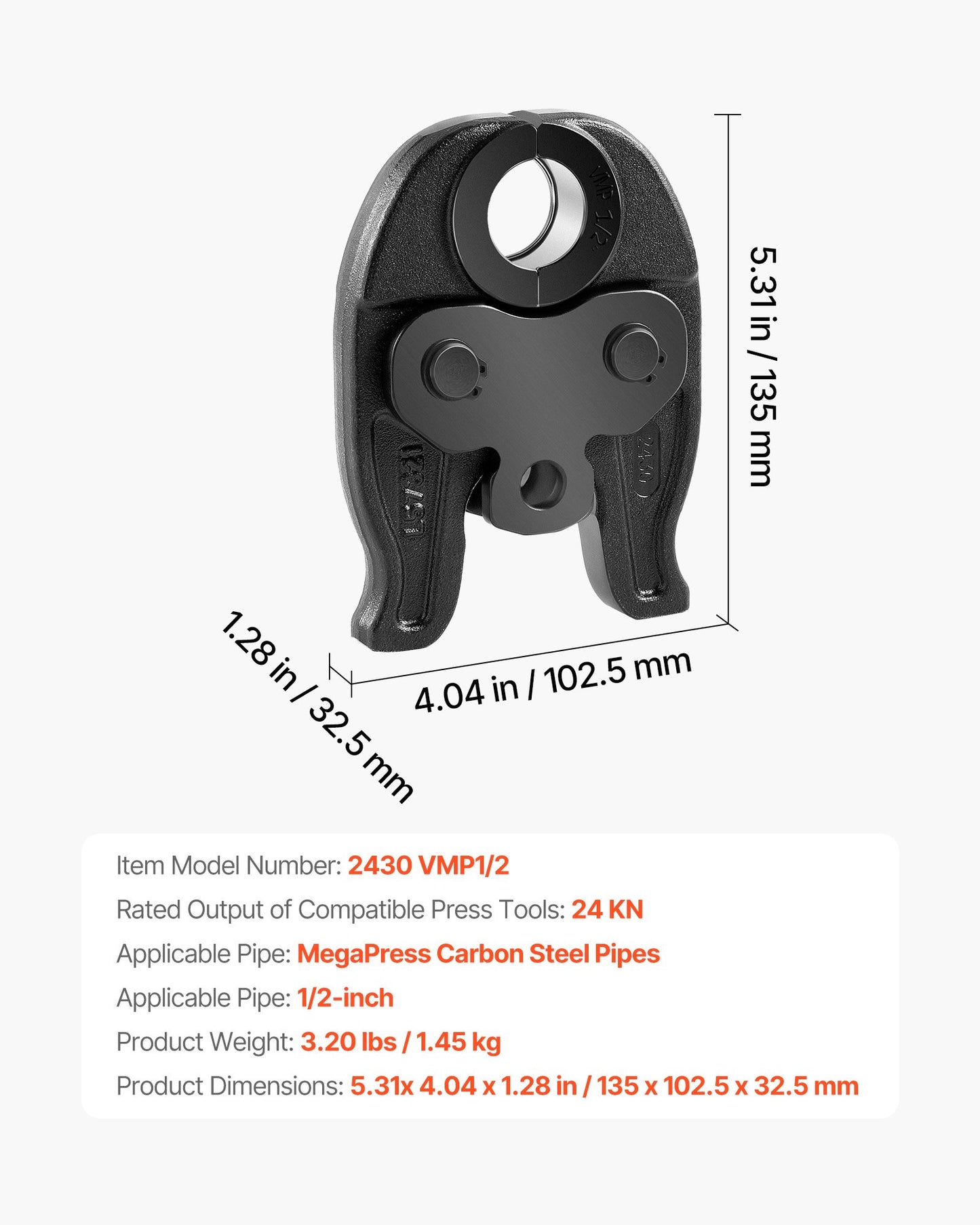 1/2 Inch MegaPress Jaw for Compact Press Tools - High-Strength Steel, Black