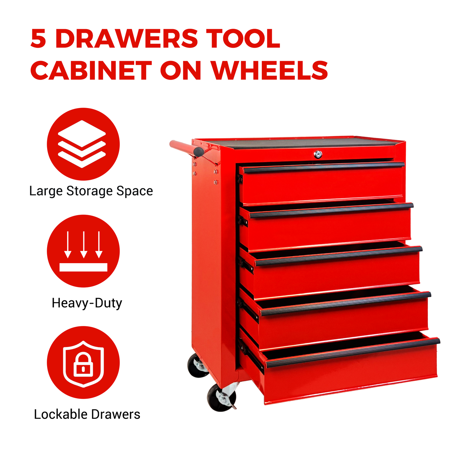 5-Drawer Rolling Tool Chest Steel Storage Cabinet with Ball Bearing Slides - Red