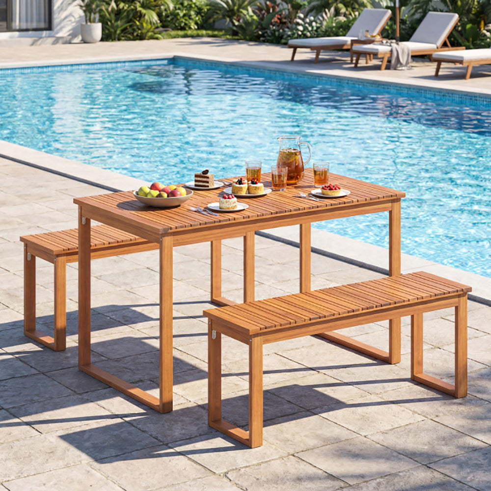 3 Pieces Acacia Wood Picnic Set With Outdoor Dining Table And 2