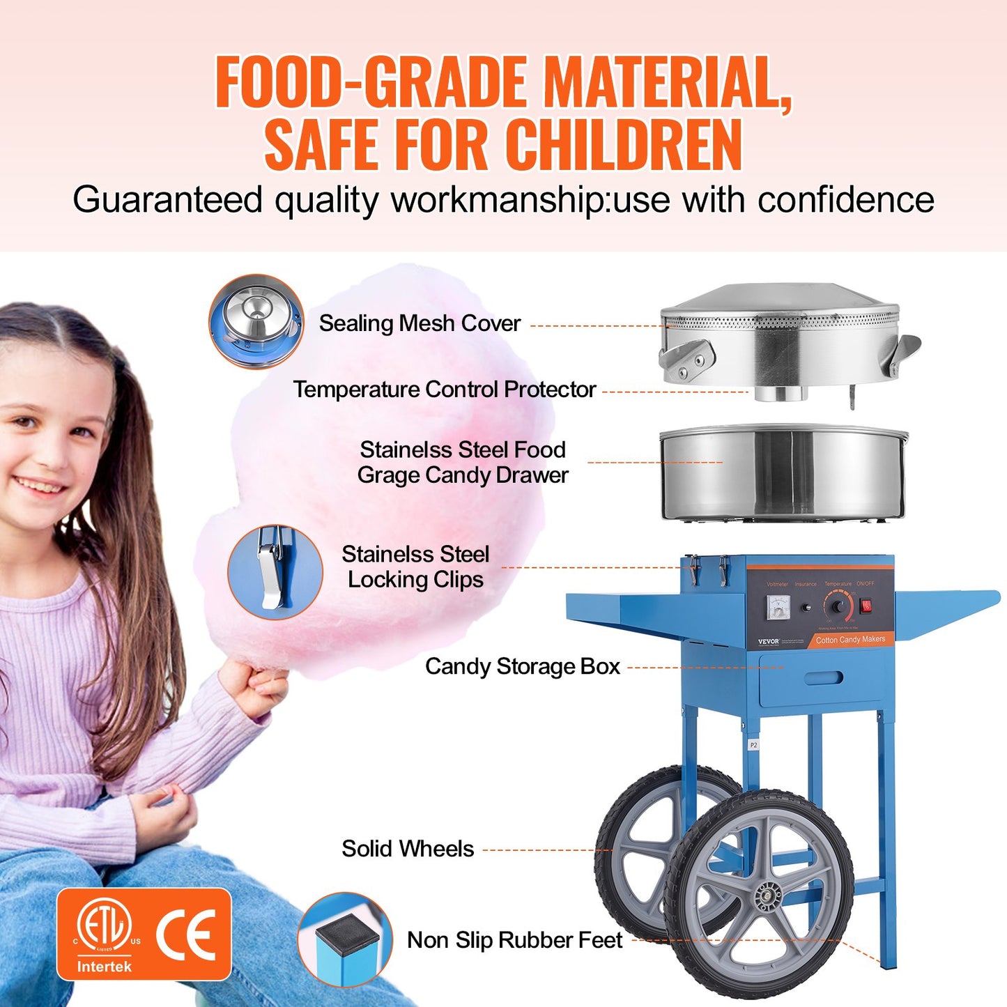 Electric Cotton Candy Machine with Cart - 1000W Commercial Candy Floss Maker, Stainless Steel Bowl, Blue