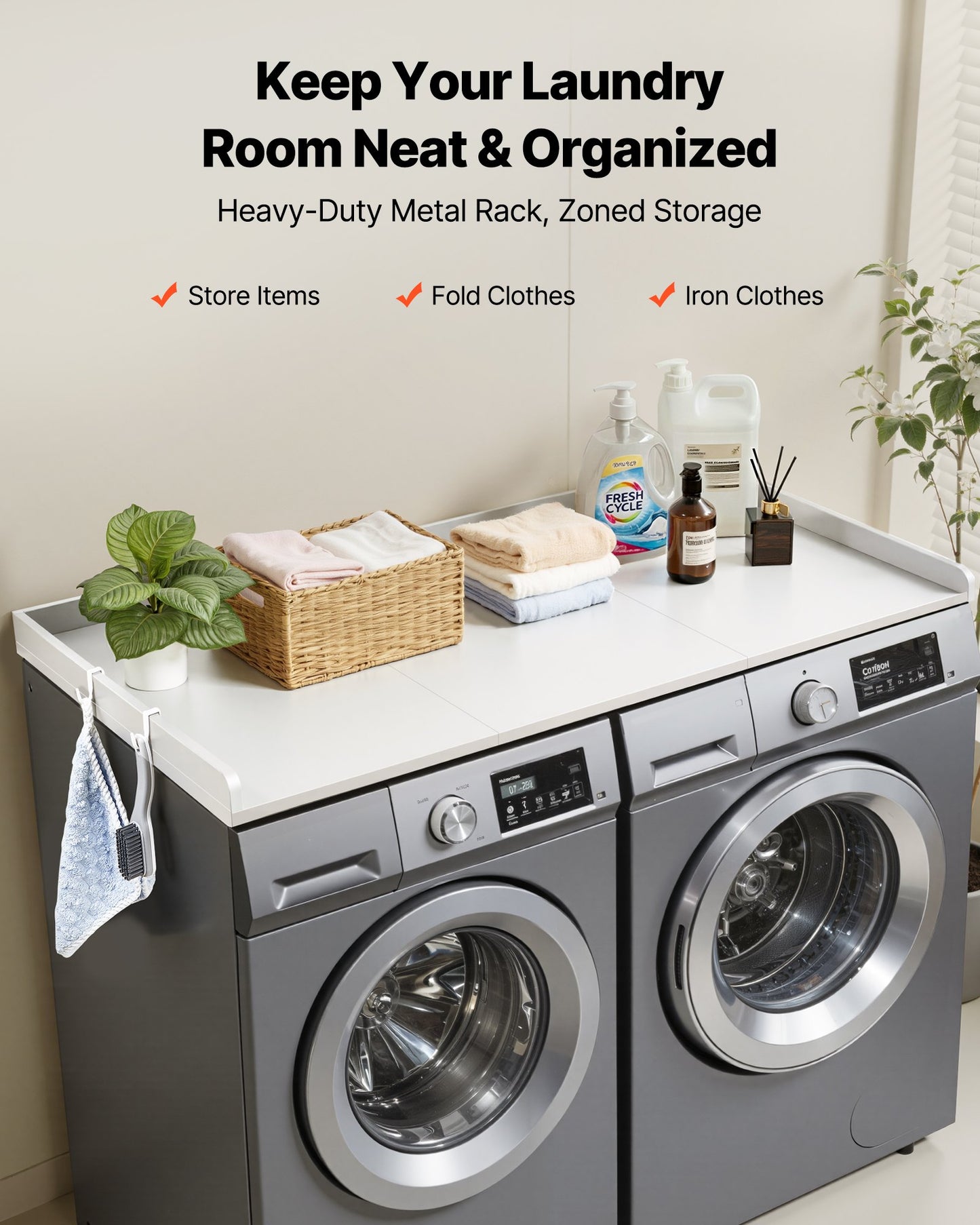 Wooden Washer Dryer Countertop with Edge & Hooks - Water-Resistant Laundry Surface, 54x27.5 in