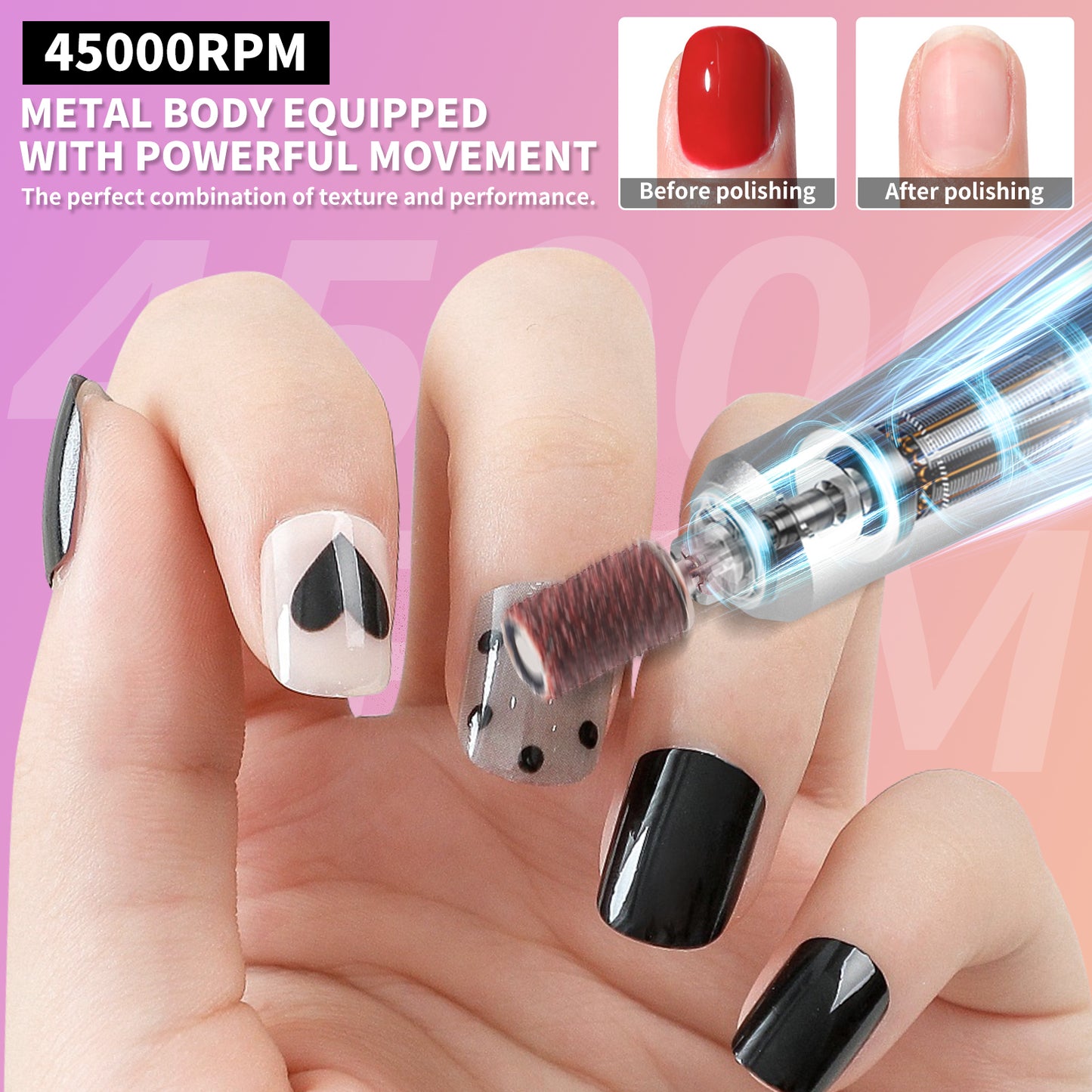 Professional Rechargeable Nail Drill 45000 RPM - Electric File for Gel Nails