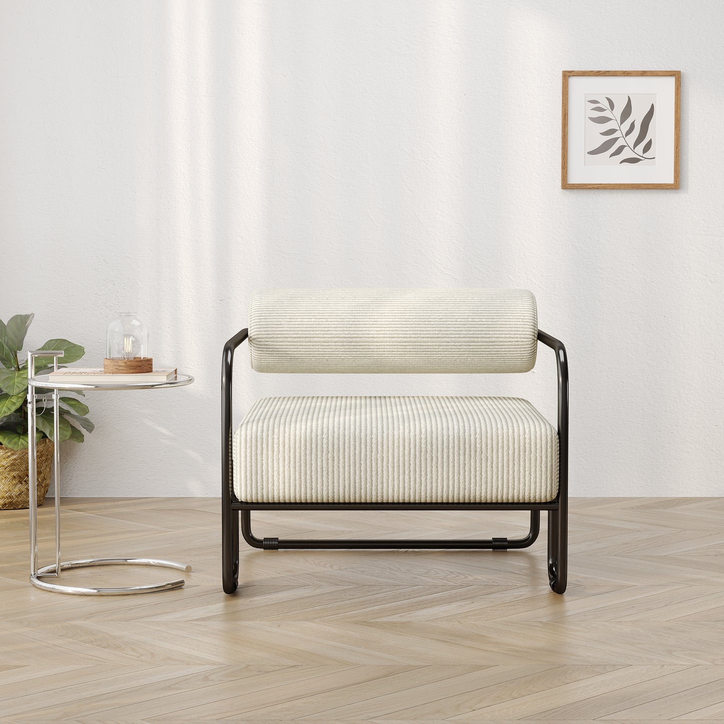Beige Corduroy Lazy Sofa Chair with Iron Frame - Comfortable Seating