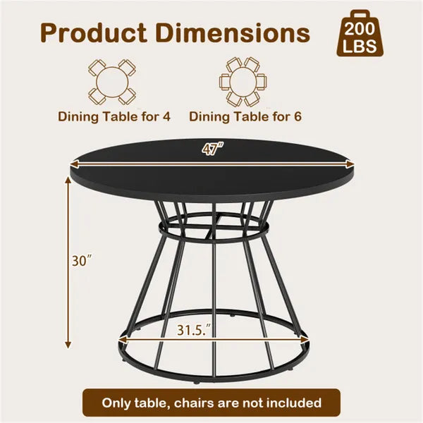 47" Round Black Dining Table for 4-6 - Hourglass Metal Base