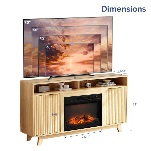 Oak TV Stand with 23-Inch Fireplace Insert & Double Doors