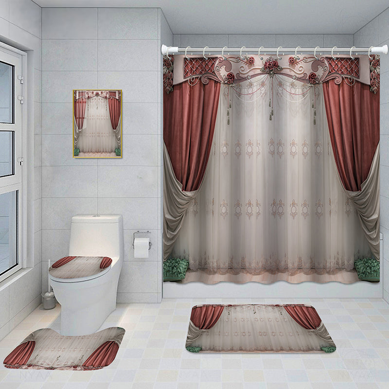 Bathroom 5-Piece Shower Curtain Set with Mat and Decorative Aluminum Frame