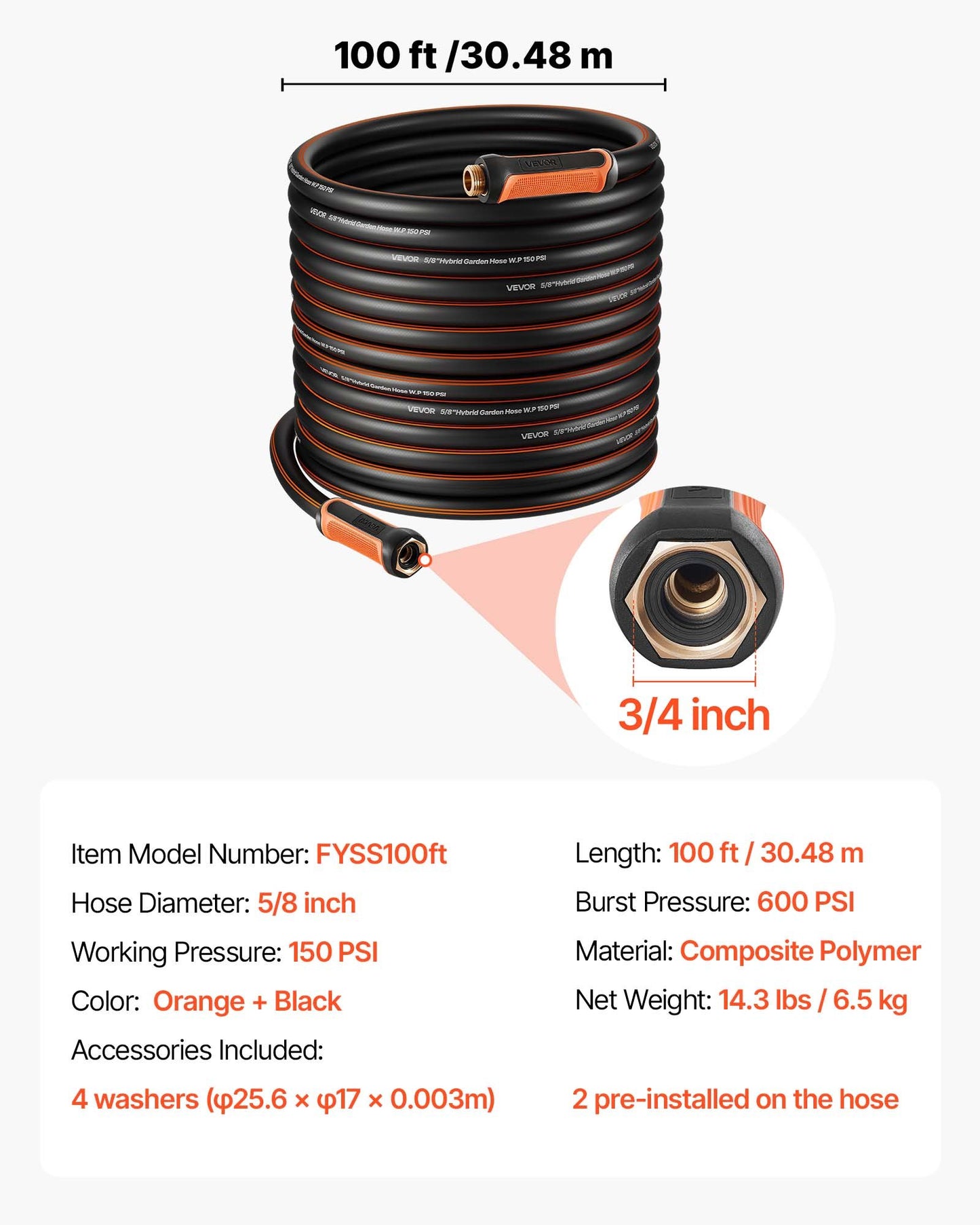 Heavy Duty 100 Ft Garden Hose - 4-Layer Rubber Water Hose with 3/4 Inch Fittings