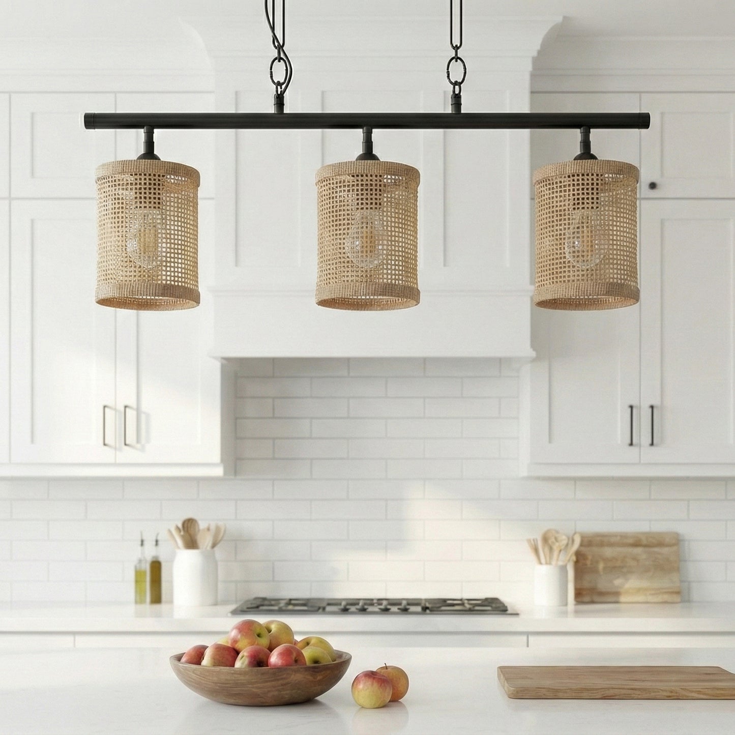 Elysian Three Lights Island With Natural Rattan Shade Farmhouse Chain