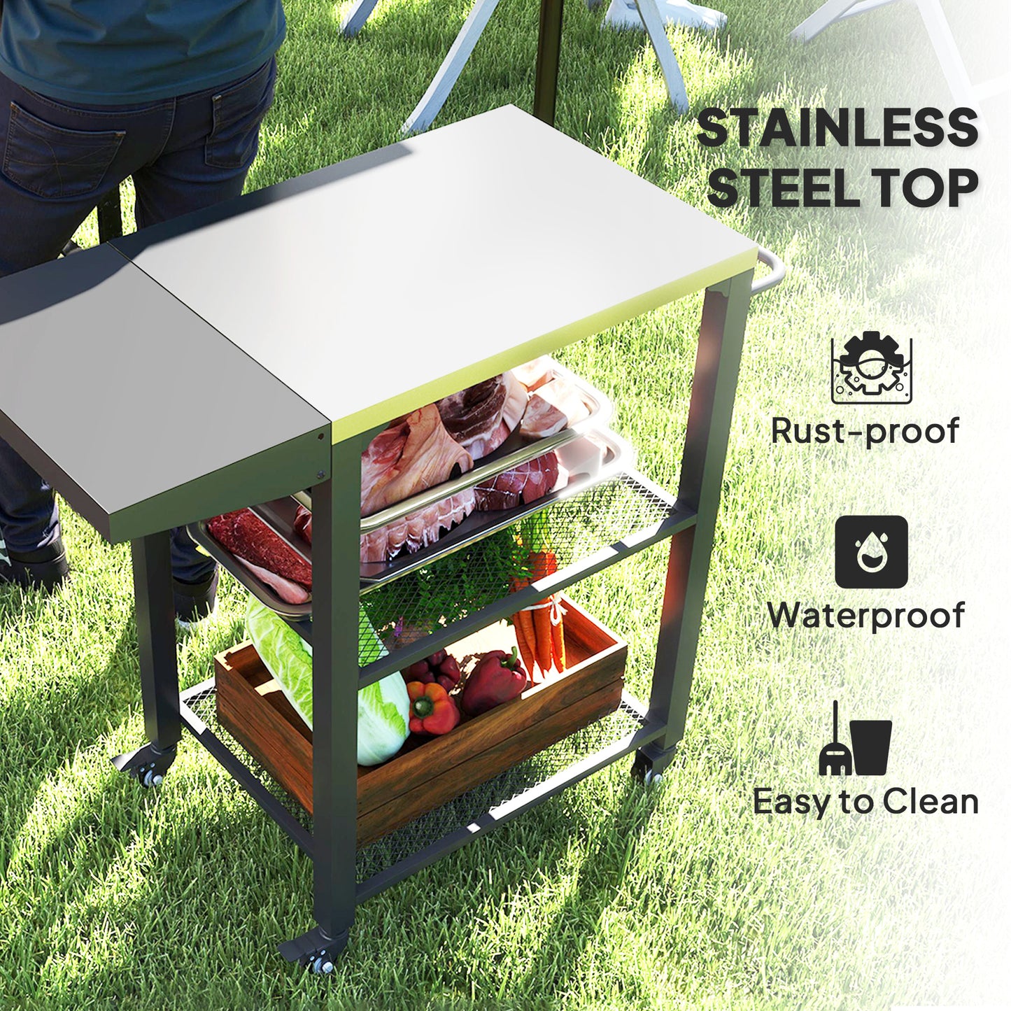 Three-Shelf Stainless Steel Outdoor Grill Cart with Foldable Side Table