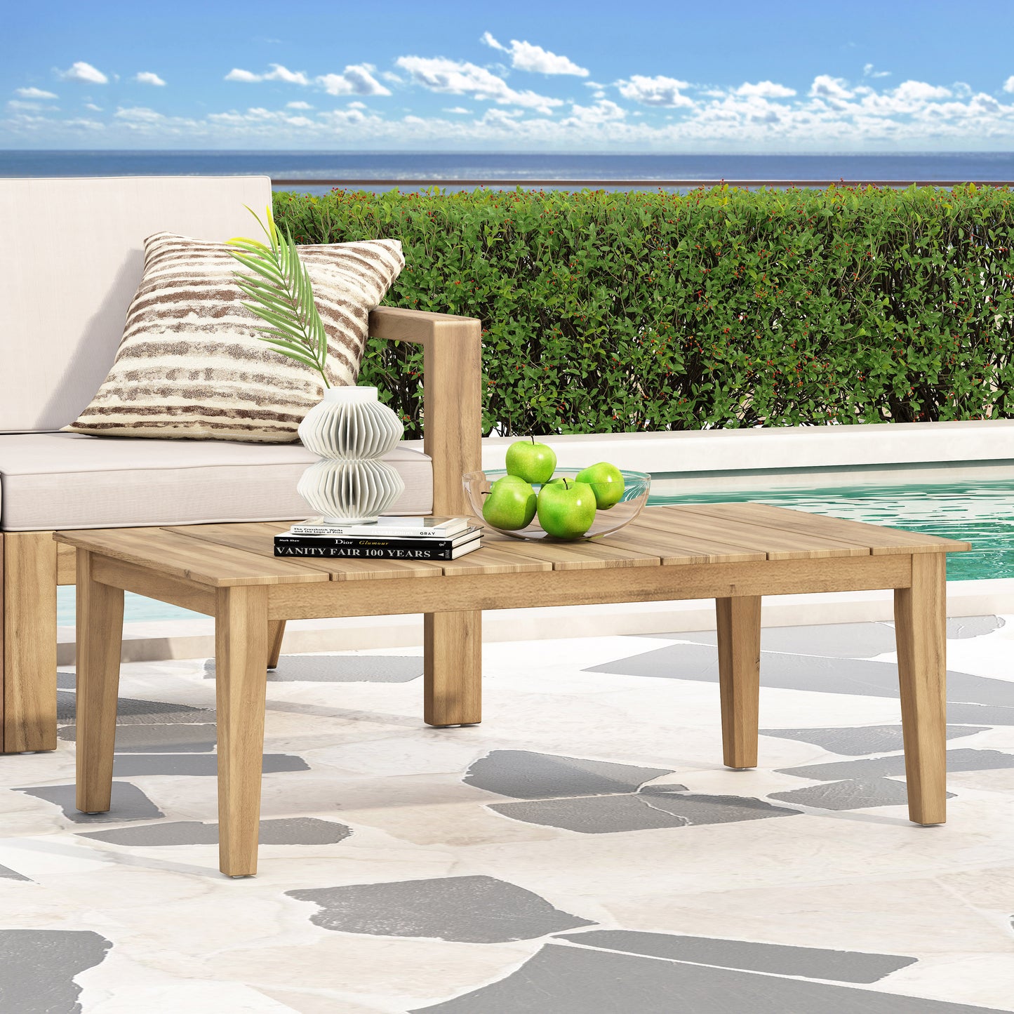 Acacia Wood Outdoor Coffee Table, Light Brown, 14 H X 23.5 W 39.5 L
