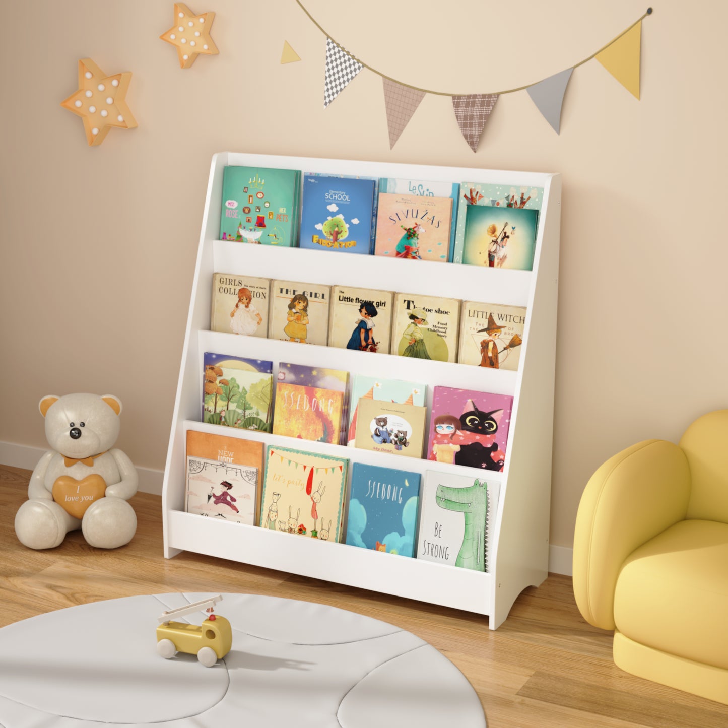 4-Tier Kids Bookshelf - White MDF Book Display Organizer