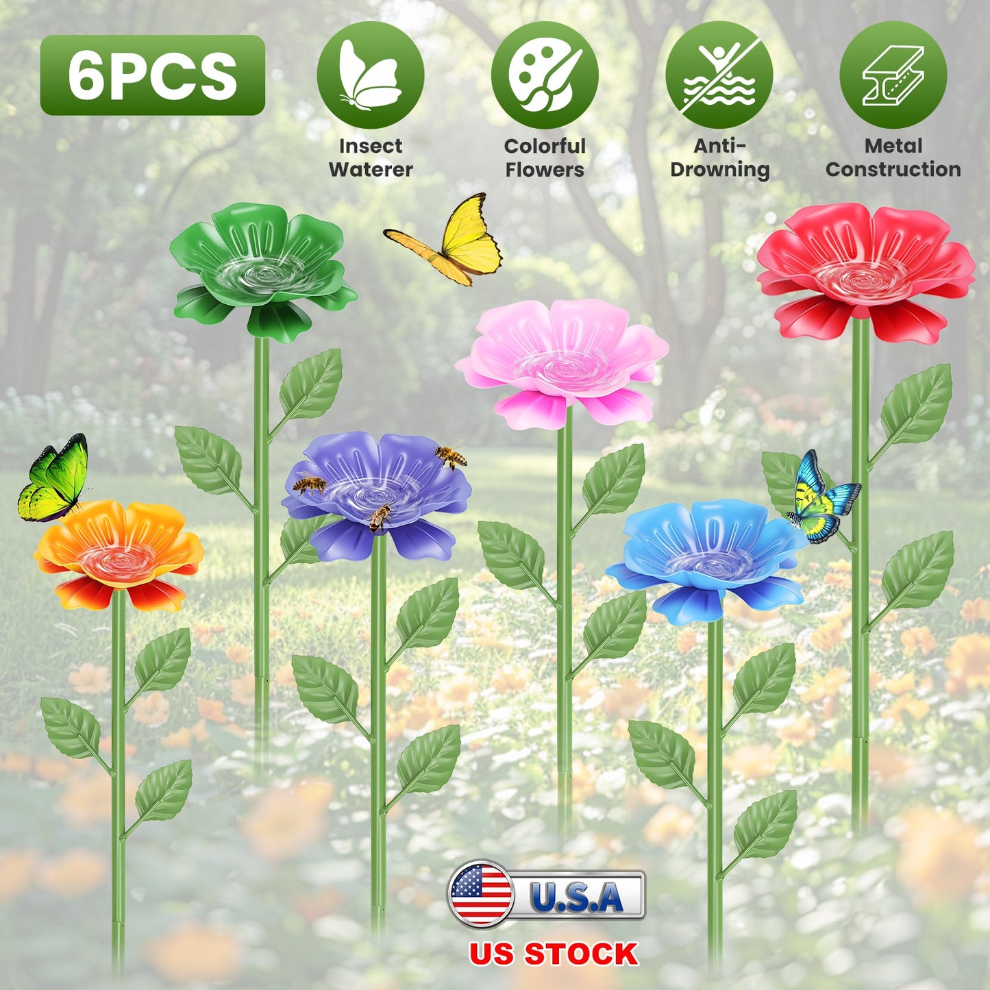 6-Pack Metal Bee Watering Stations with Artificial Flowers for Garden Pollinators