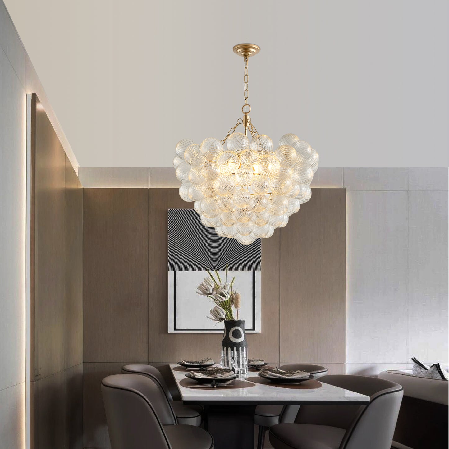 Gold Pendant Light Fixture with Clear Glass Globe - Adjustable Height, Modern Ceiling Lighting for Living & Dining Rooms