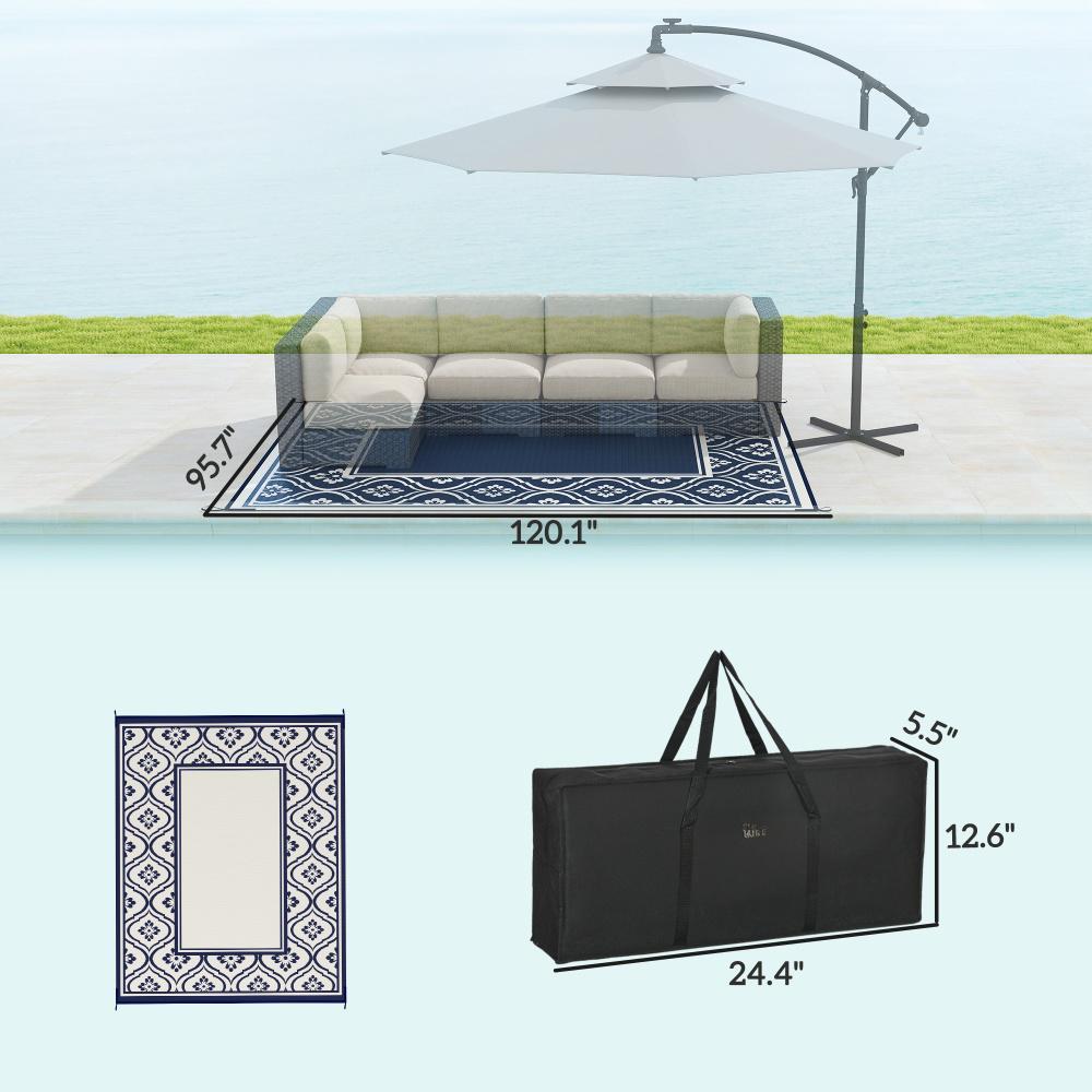 Reversible Waterproof Outdoor Rug - Blue & White Gourd Border, 8' x 10'
