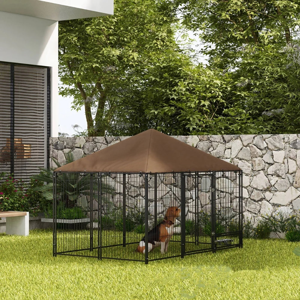 Outdoor Dog Kennel 6.9' x 4.6' x 5' with Canopy and Rotating Bowl - Black