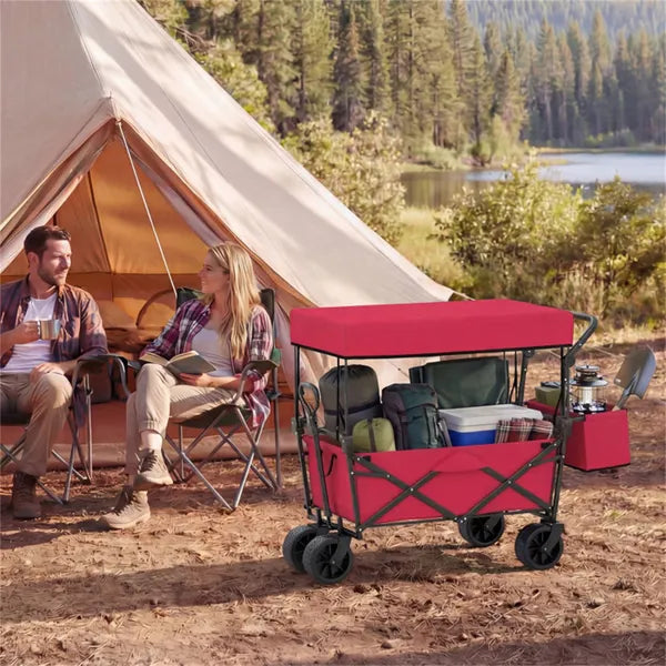 Foldable Utility Wagon with Adjustable Handle & Canopy - Red
