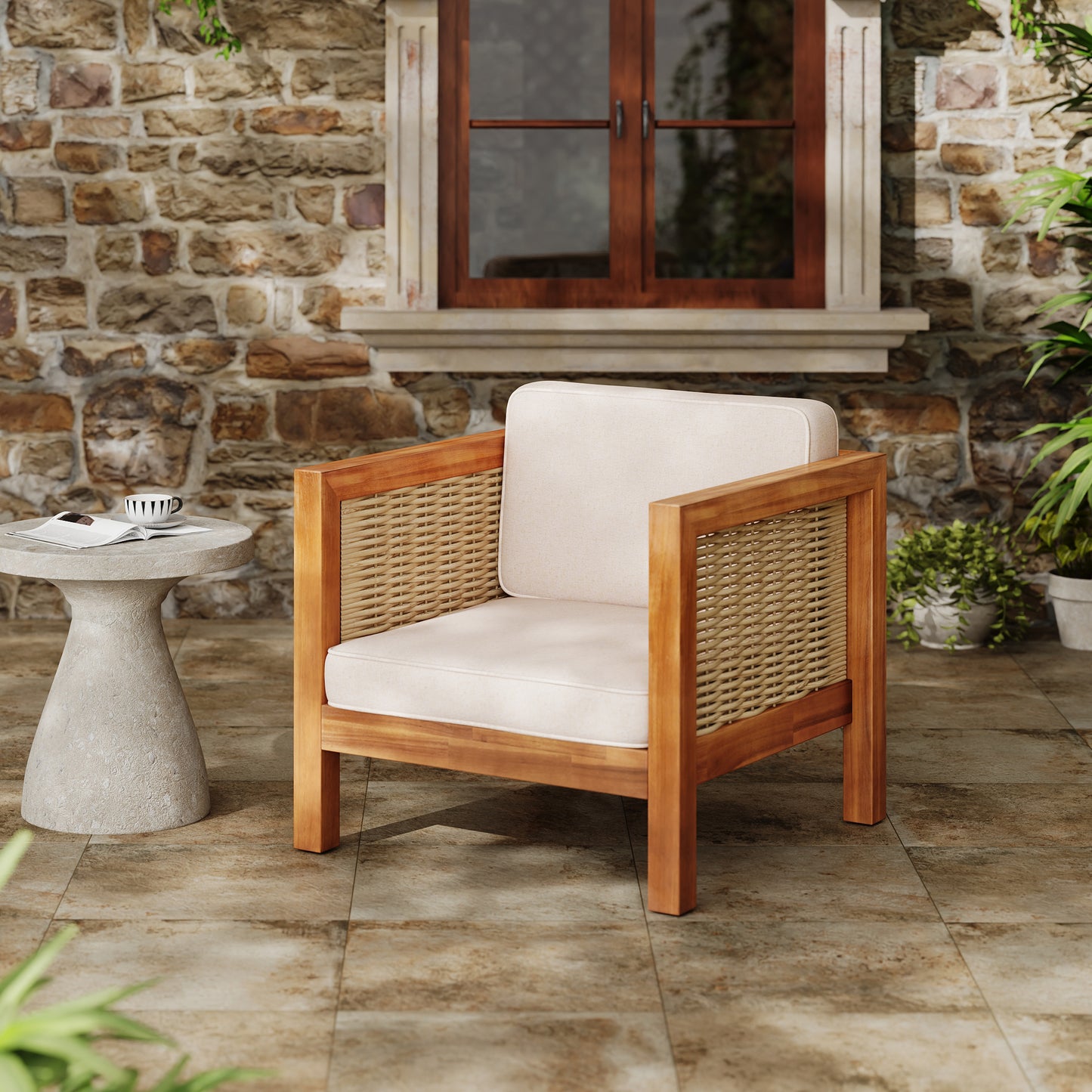 Acacia Wood Outdoor Club Chair with Wicker Armrests & Beige Cushions