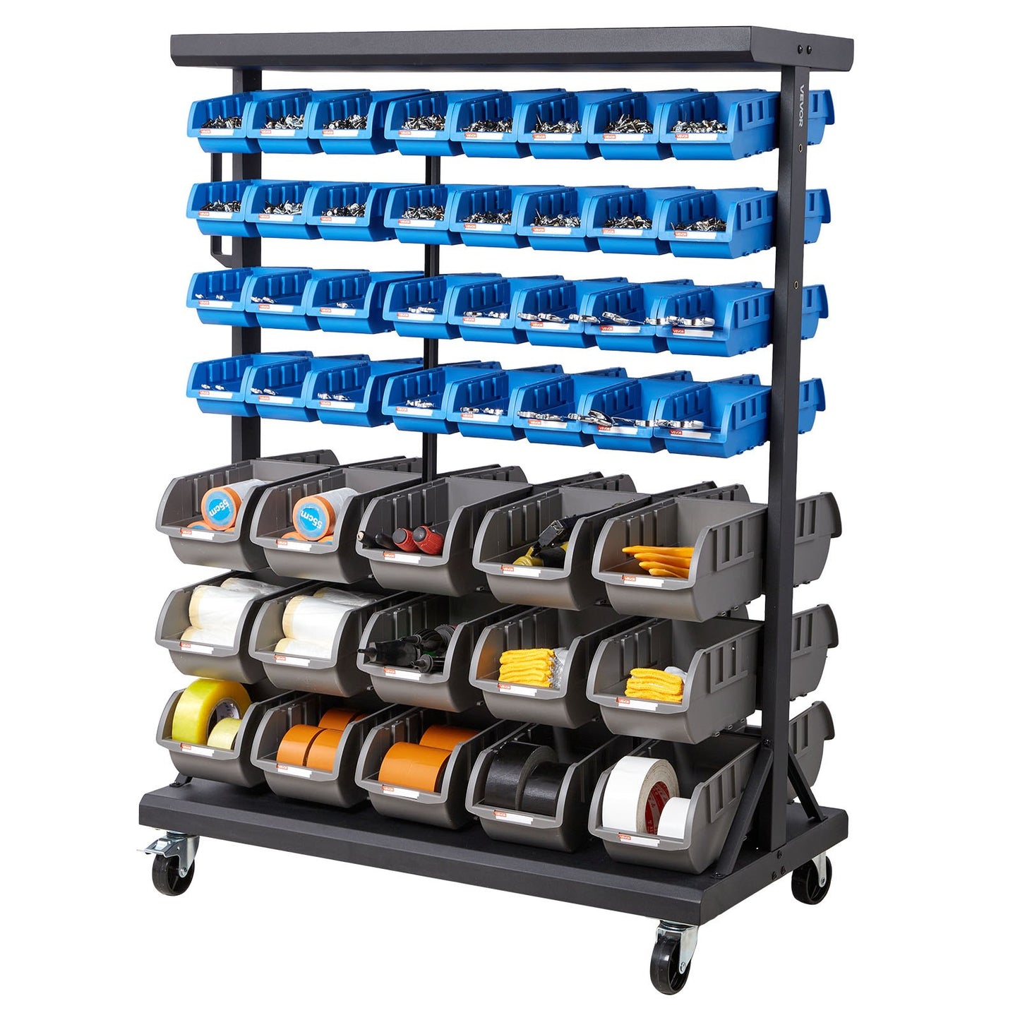 7-Tier Double-Sided Rolling Storage Rack with 94 Plastic Bins, Mobile Organizer