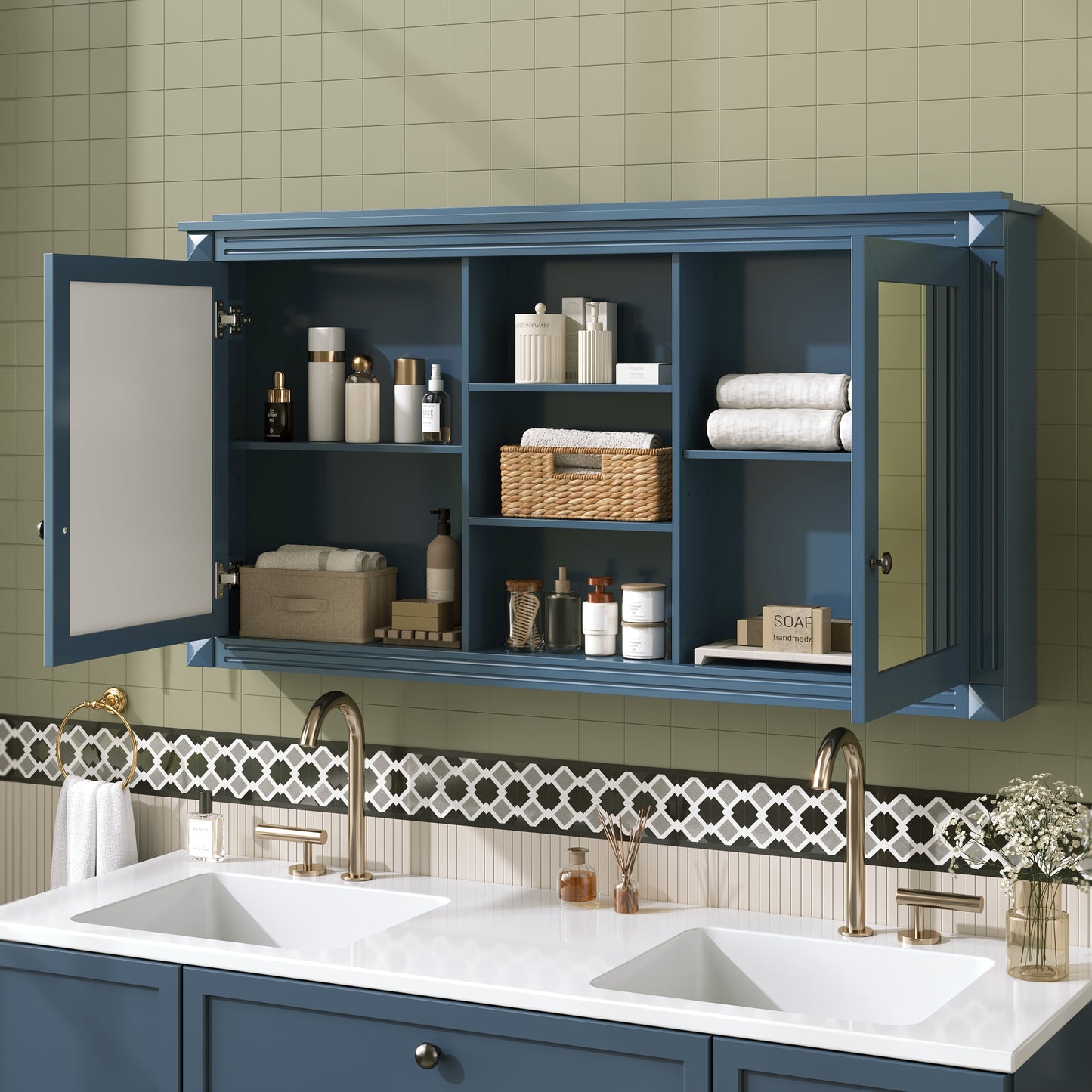 55 Inch Wall-Mount 2-in-1 Mirror Cabinet With Adjustable Shelves,