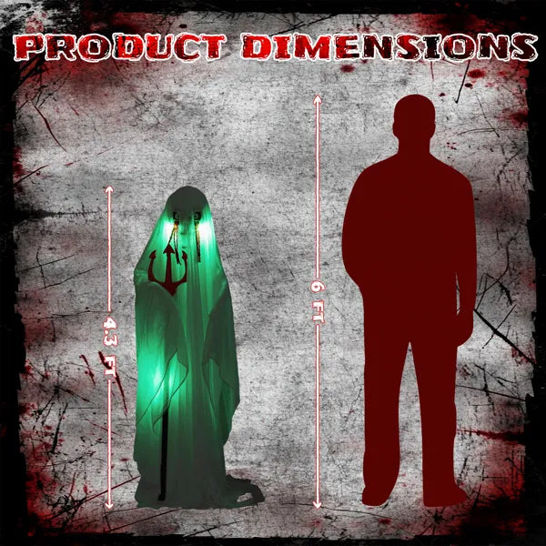 Life Size Animatronic Ghost Decoration with Trident - Sound Activated with Green Lights