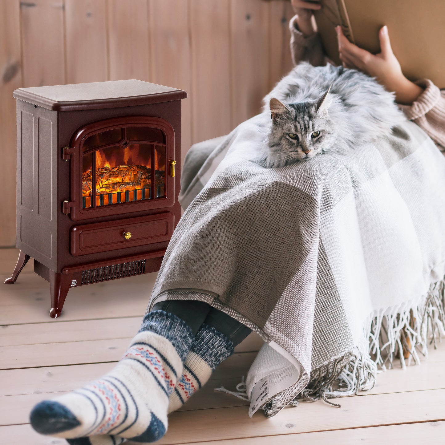 22-Inch Electric Fireplace Heater with Realistic LED Flames, Freestanding Stove, Overheat Protection - Red