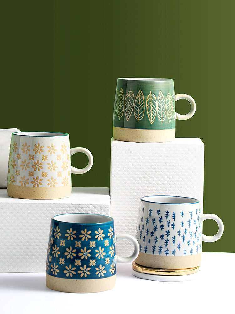 Retro Pastoral Water Mug Embossed Ceramic Drinkware with Handle