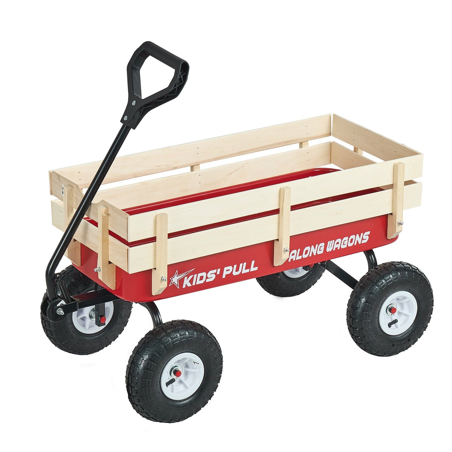 Pull-Along Kid's Wagon 39 Inch All-Terrain Toddler Cart with Wooden Panels & Handle, Supports Up to 330 Lbs, Great for Garden & Beach Fun - Red