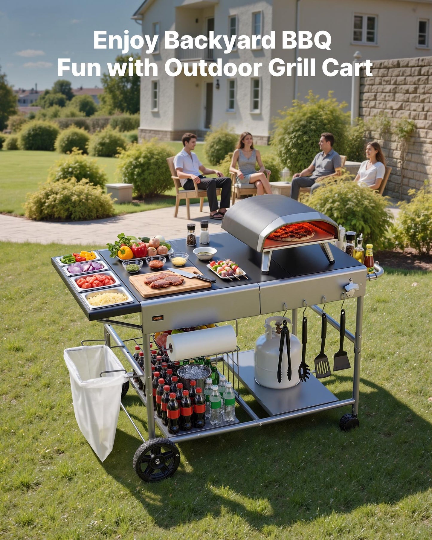 Outdoor Grill Cart with 36.4 x 23.4 Inch Worktop, 4 Spice Containers & Wheels