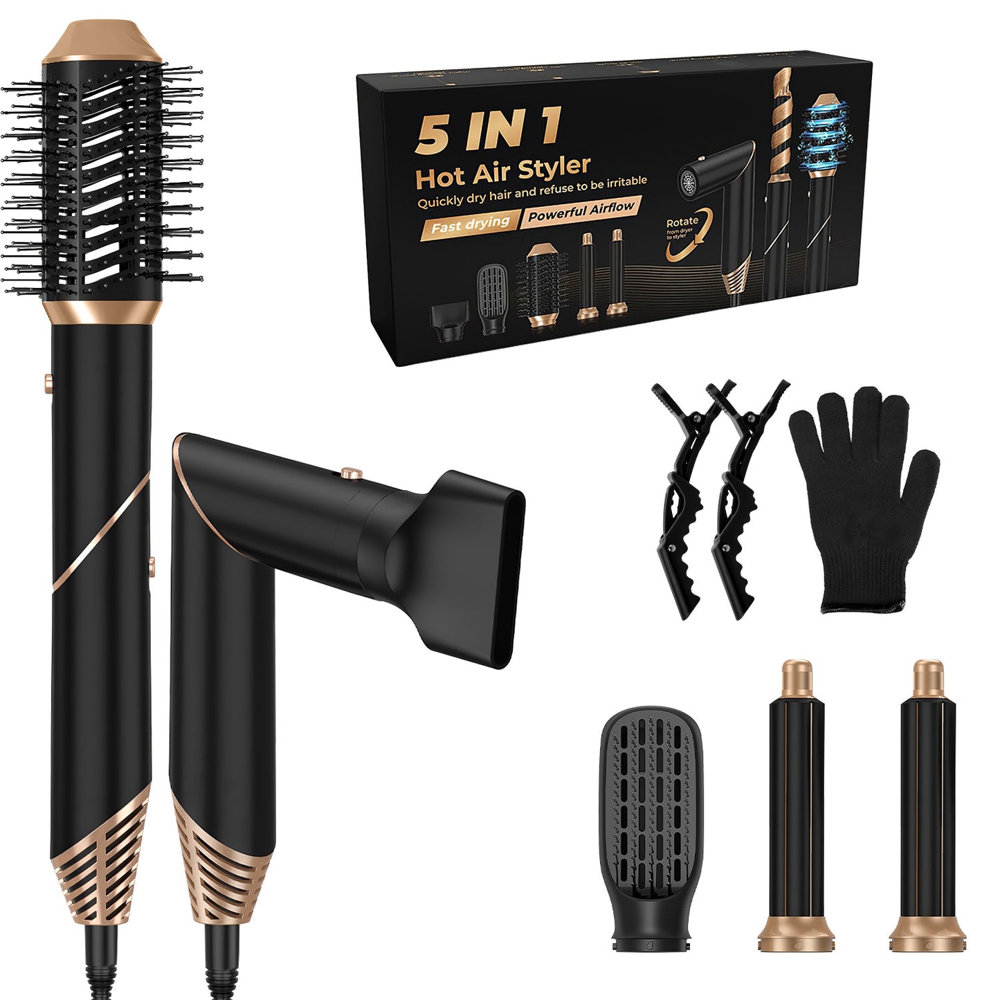 5-in-1 Hot Air Hair Styler & Dryer Brush Set - Black Automatic Wrap Curler