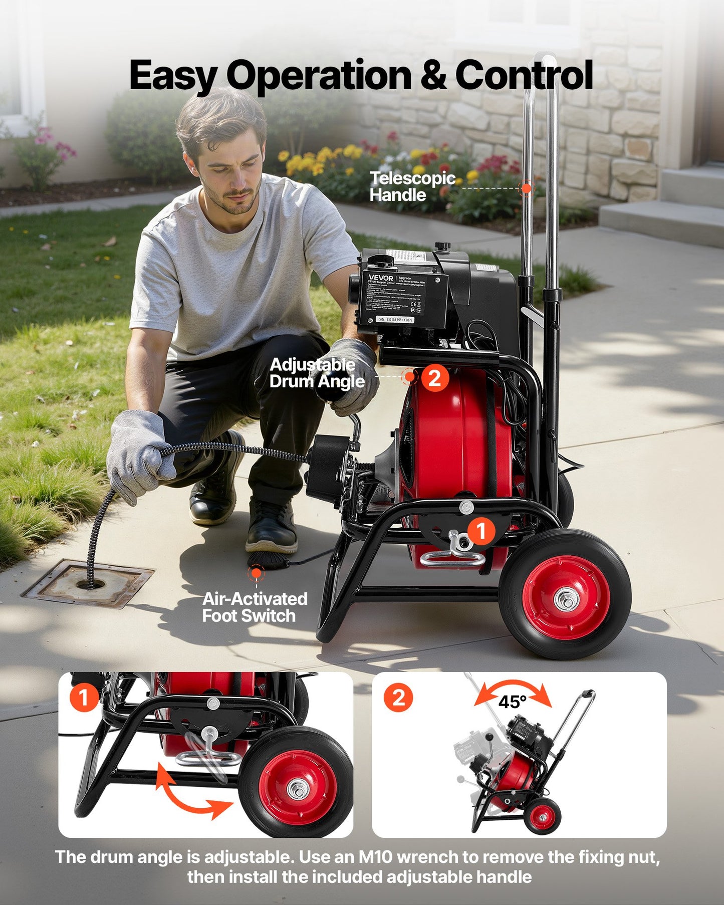Drain Cleaner Machine 75FT Auto Feed Sewer Snake Auger for 2-6 Inch Pipes