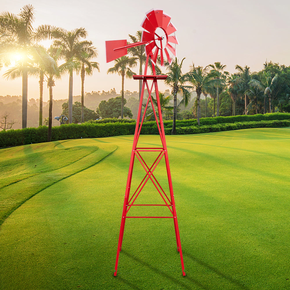 8FT Weather Resistant Garden Windmill with Steel Frame - Red Decorative Windmill for Lawn & Yard