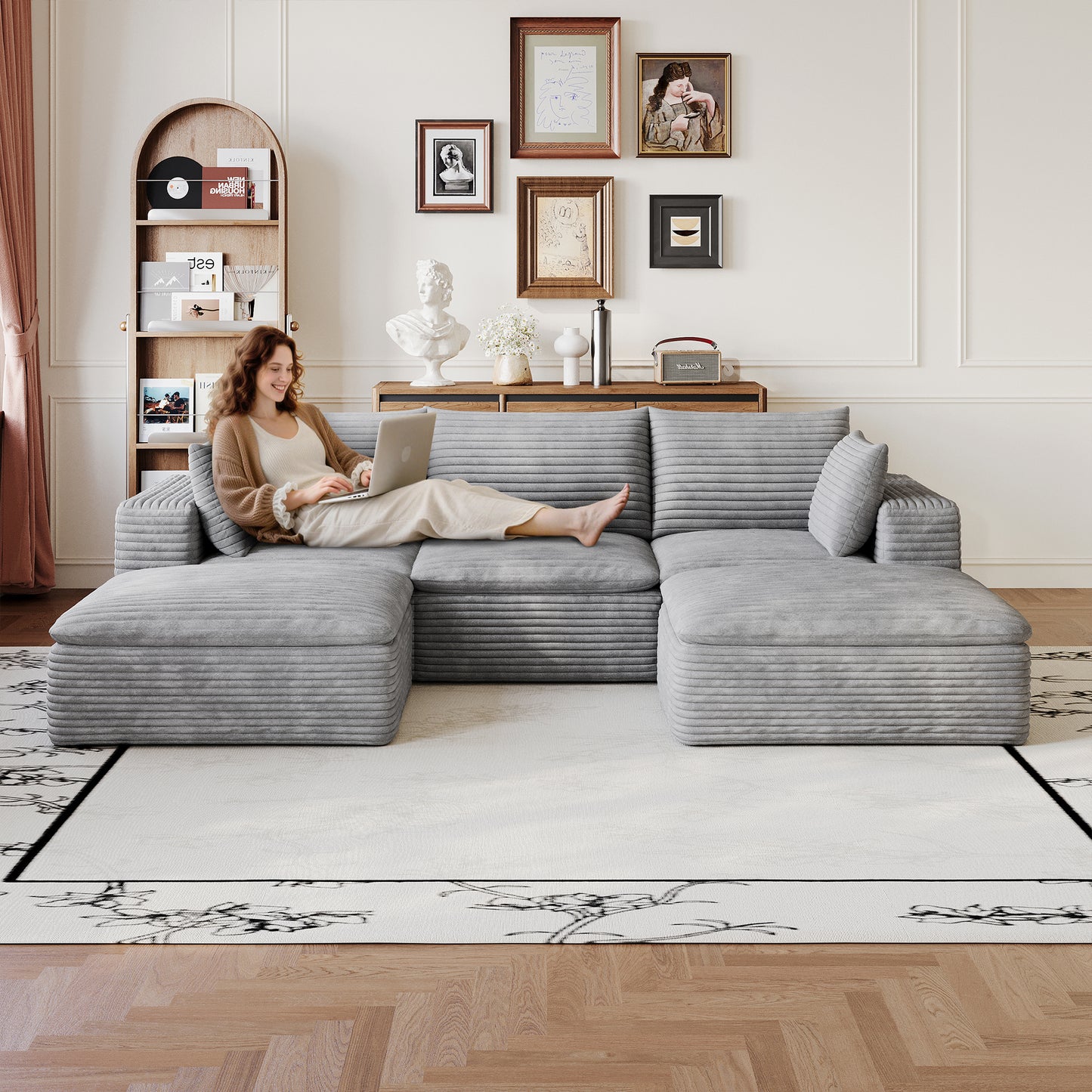 102" Cloud Sofa - Modular Corduroy Fabric Couch, Grey