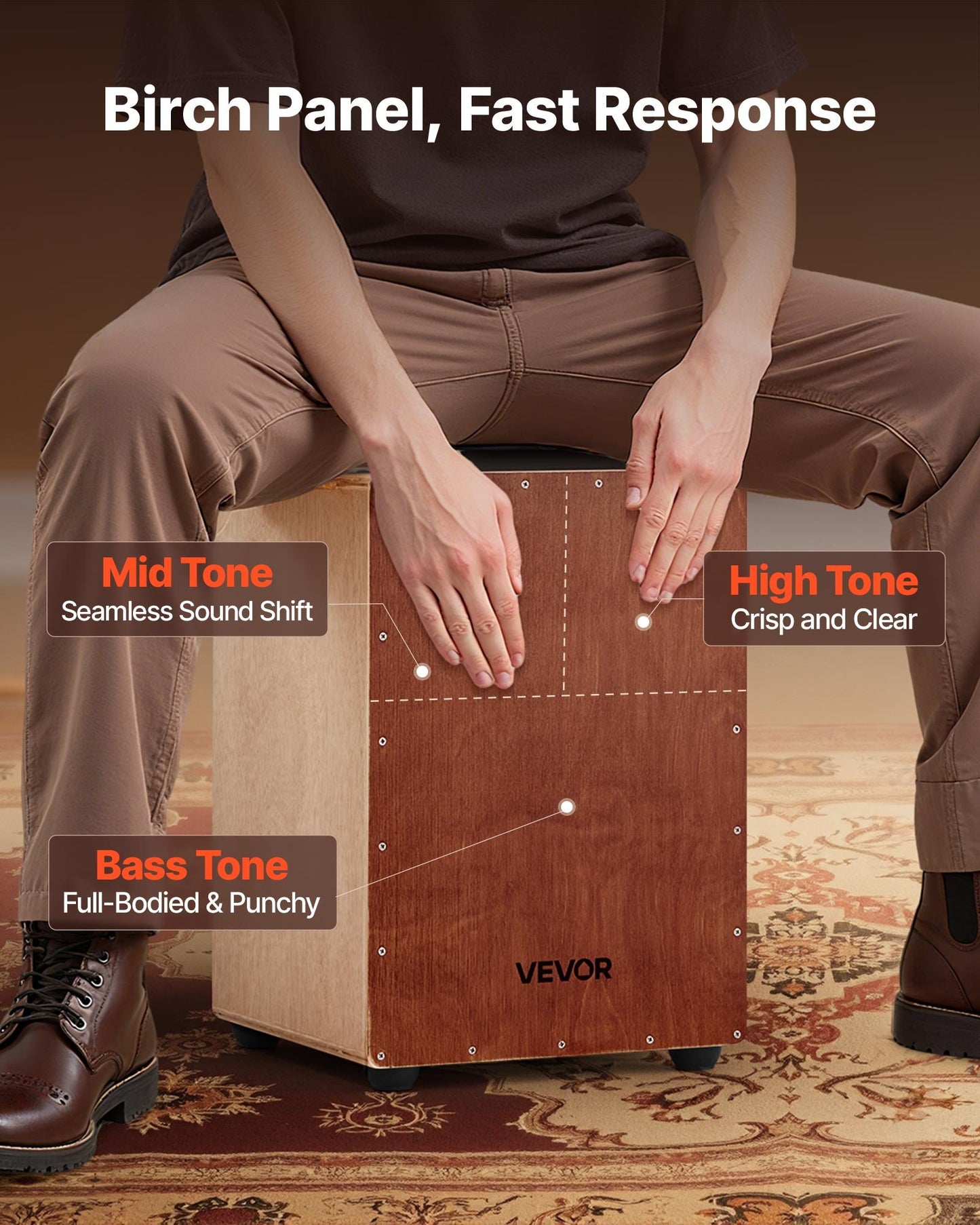 Wooden Cajon Box Drum with Snare Wires, Birch Bass Percussion Instrument