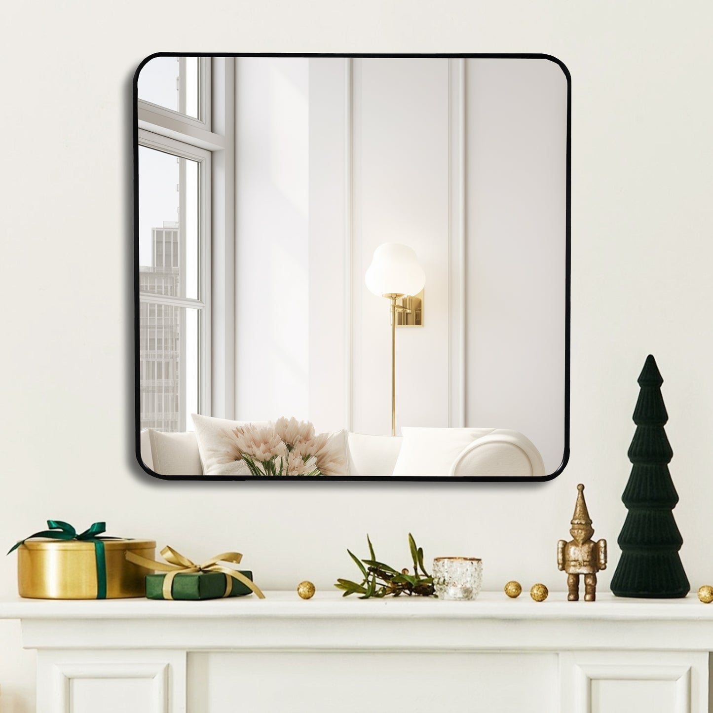 36-Inch Black Metal Framed Square Bathroom Wall Mirror