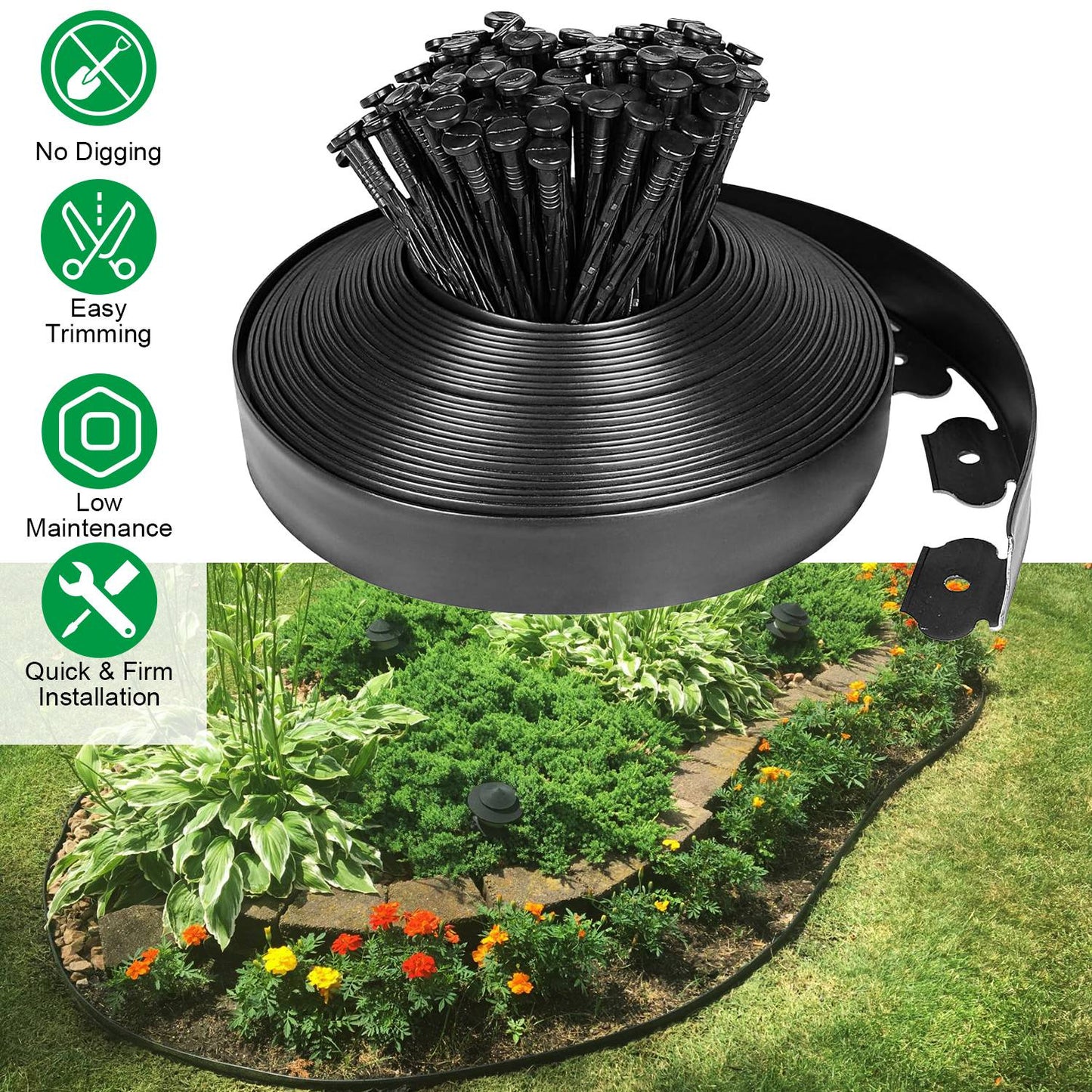 Garden Border Edging Kit 32.8FT Non-Dig Plastic Lawn Border with Spikes