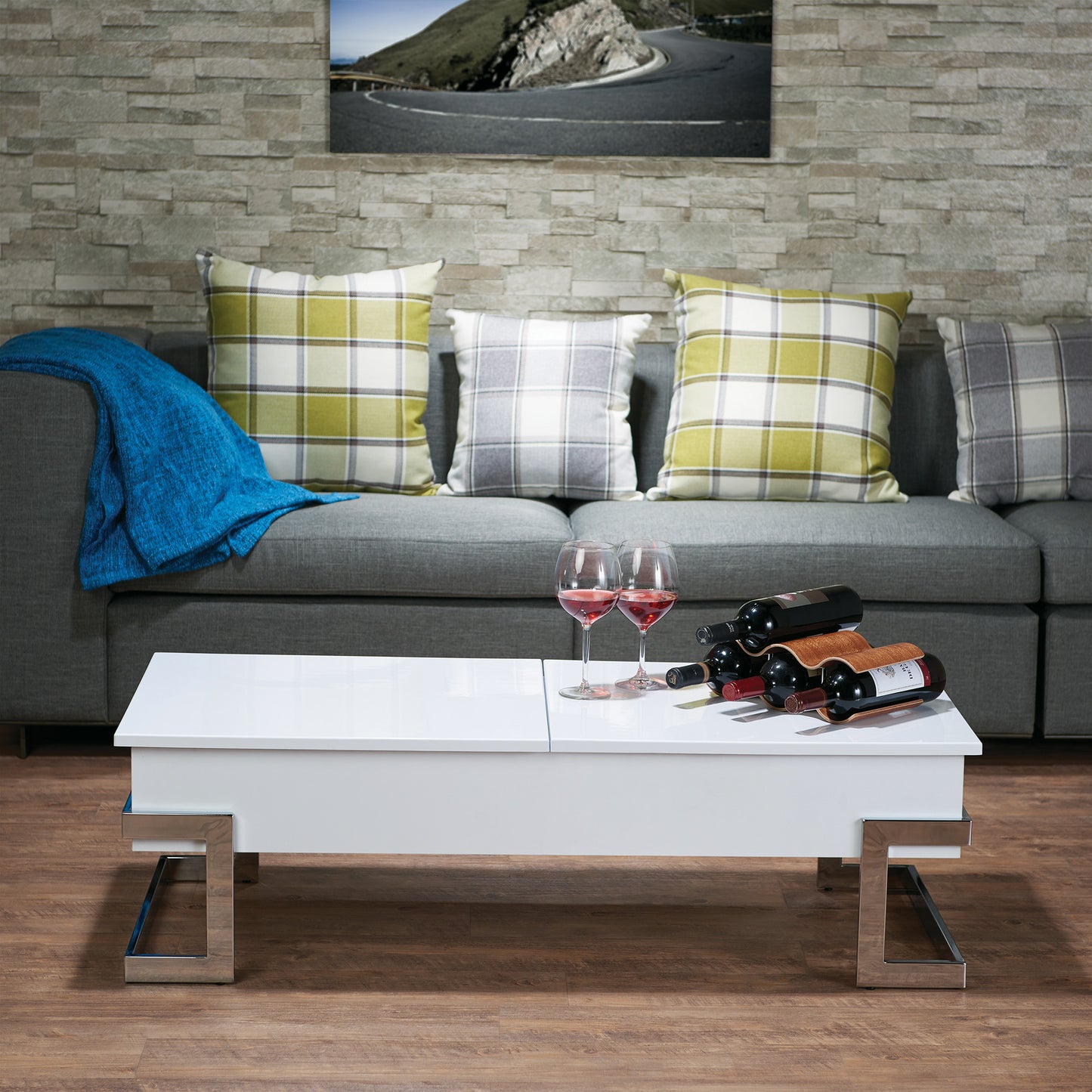 White High Gloss Coffee Table with Lift Top and Chrome Legs