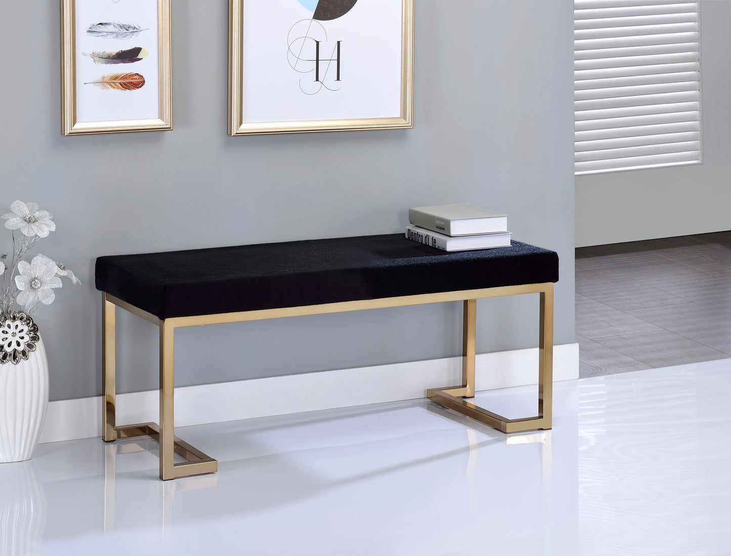 Boice Black Faux Fur & Champagne Finish Bench