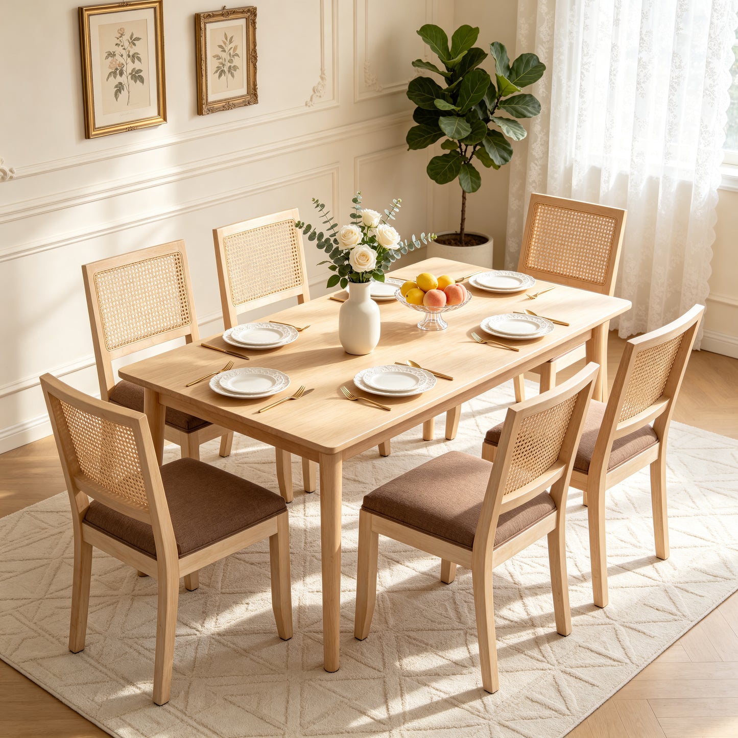 Rattan Dining Chairs Set of 2 - Mid Century Modern Tan