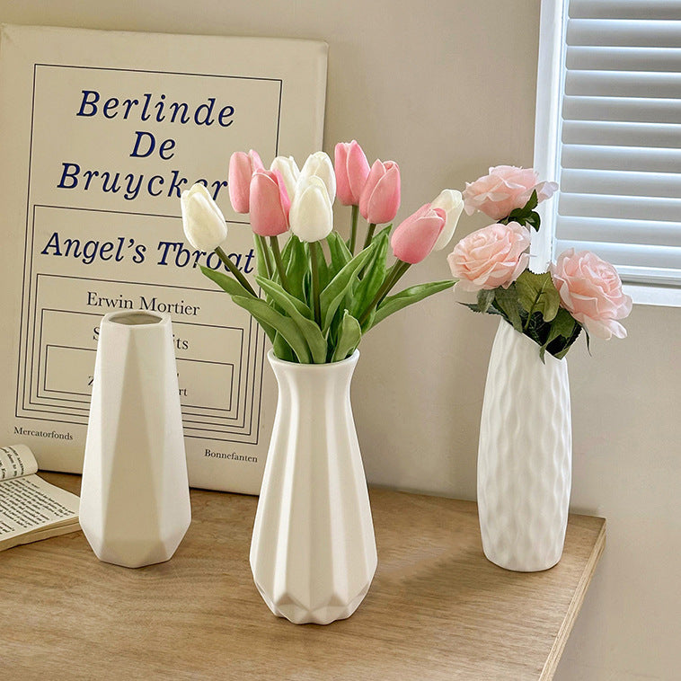 Ceramic Tulip Vase Set with White Flower Arrangements for Living Room Decor