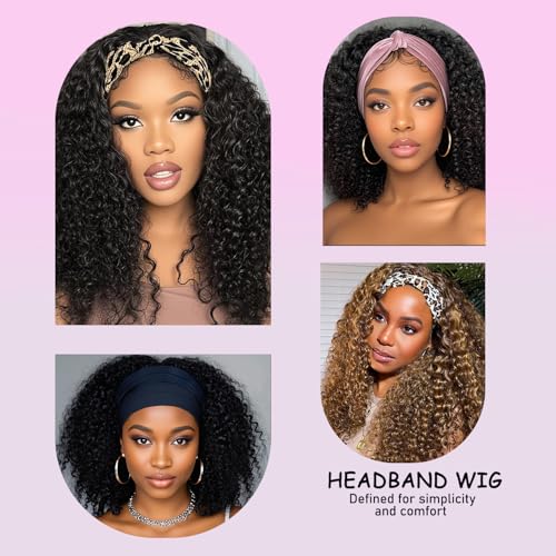 Headband Wig Human Hair Kinky Curly Headband Wigs for Black Women 22 Inch Human Hair Headband Wig Curly Headband Human Hair Wig Half Wigs 150% Density Natural Black Color