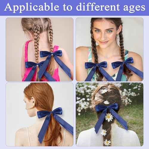 3PCS Navy Blue Hair Bows with Alligator Clips ? Elegant Satin Ribbon Hair Accessories for Women & Girls, Long Tail Bow Clips for Ponytail & Hairstyles