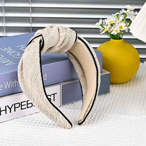 Top Knotted Headband for Women Girls, Wide Fashion Headbands with Knot for Women¡¯s Hair, Cute Thick Fabric Non-Slip Hair Bands (Beige)