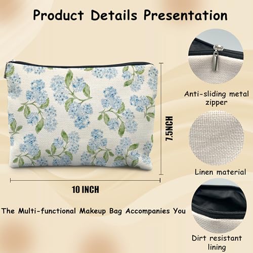 Blue Hydrangea Flower Makeup Bag for Women, Preppy Blue Floral Cosmetic Bags, Hydrangea Gifts for Women Zipper Makeup Pouch for Purse