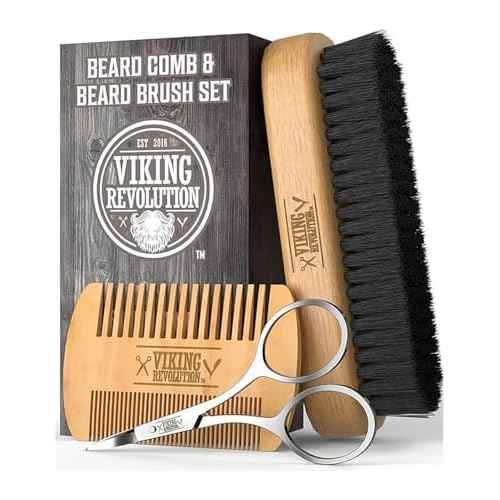 Viking Revolution Beard Comb & Beard Brush Set for Men -- Natural Boar Bristle Brush and Dual Action Pear Wood Comb w/Velvet Travel Pouch - Great for Grooming Beards and Mustaches