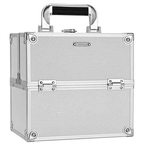 FRENESSA Makeup Train Case Makeup Organizer Box Portable Cosmetic Travel Case with Lock 4 Trays Aluminum Hard Vanity Box Make Up Artist Nail Beauty Storage Organizer Cosmetic Suitcase Bright Silver