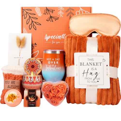 Fall Gifts for Women Orange,Halloween, Birthday Gifts for Mom Her Wife Friend w/Fall Candle,Fall Home Decor,Self Care Get Well Gifts Spa Set, Christmas Thanksgiving Halloween,Boo Basket Gifts Box Cozy