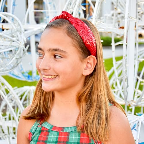 FROG SAC Knot Headband for Girls - Red Sequin Knotted Hair Bands Accessories for Kids, Sparkly Little Girl Headbands for Children, Holiday Christmas Valentines Sparkle Hairbands for Tweens