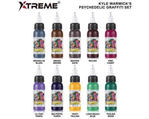 Xtreme Ink 10 Color Kyle Warwick Psychedelic Graffiti Set, UV-Free Brilliance, Ethical, Water-Based, Vegan, and Safe (Set of 10, 1 oz)