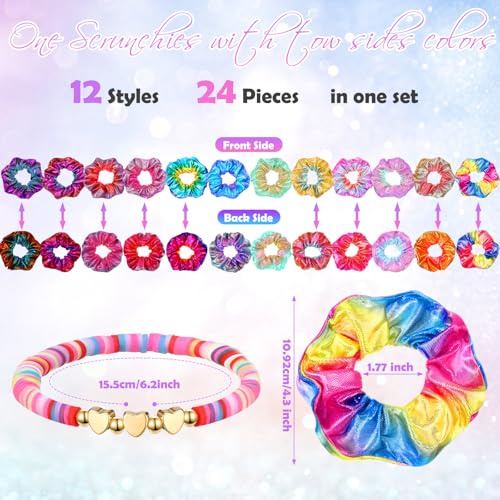 24 Pcs Preppy Friendship Bracelets for Teen Girls Clay Bead Bracelets and Shiny Metallic Hair Scrunchies Heart Surfer Friendship Bracelet Bulk Elastic Hair Ties for Girls Party Favor Gift