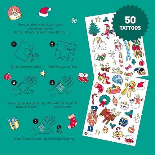 Omy Christmas Temporary Tattoos for Kids - 50 Festive, Colorful Designs with Santa, Gifts, and Snowflakes | Easy to Apply, Safe & Long-Lasting | Age 3 and Up